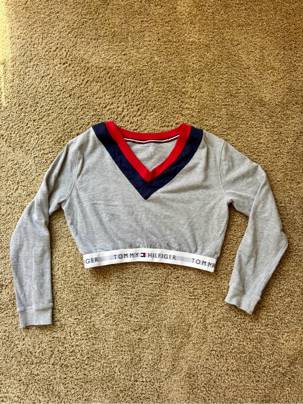 Tommy Hilfiger Gray V‑Neck Pullover with Red & Navy Trim